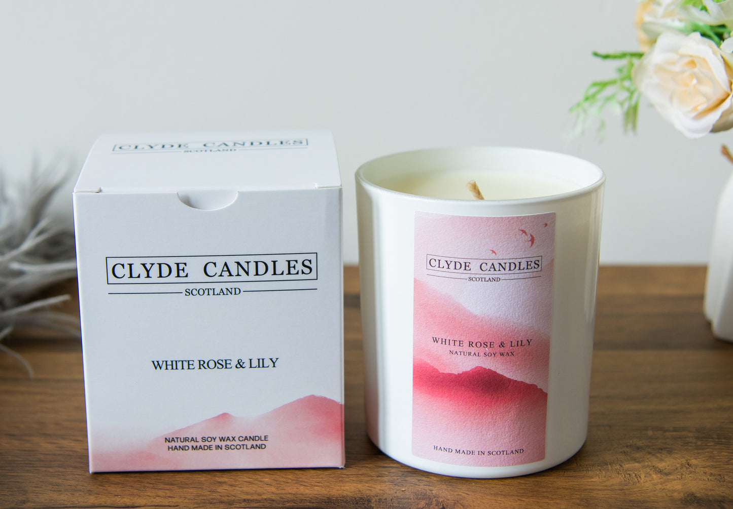 white rose and lily, scented natural soy wax candle gift box, 30cl white glass, hand made british, scottish candle, fairy dust,