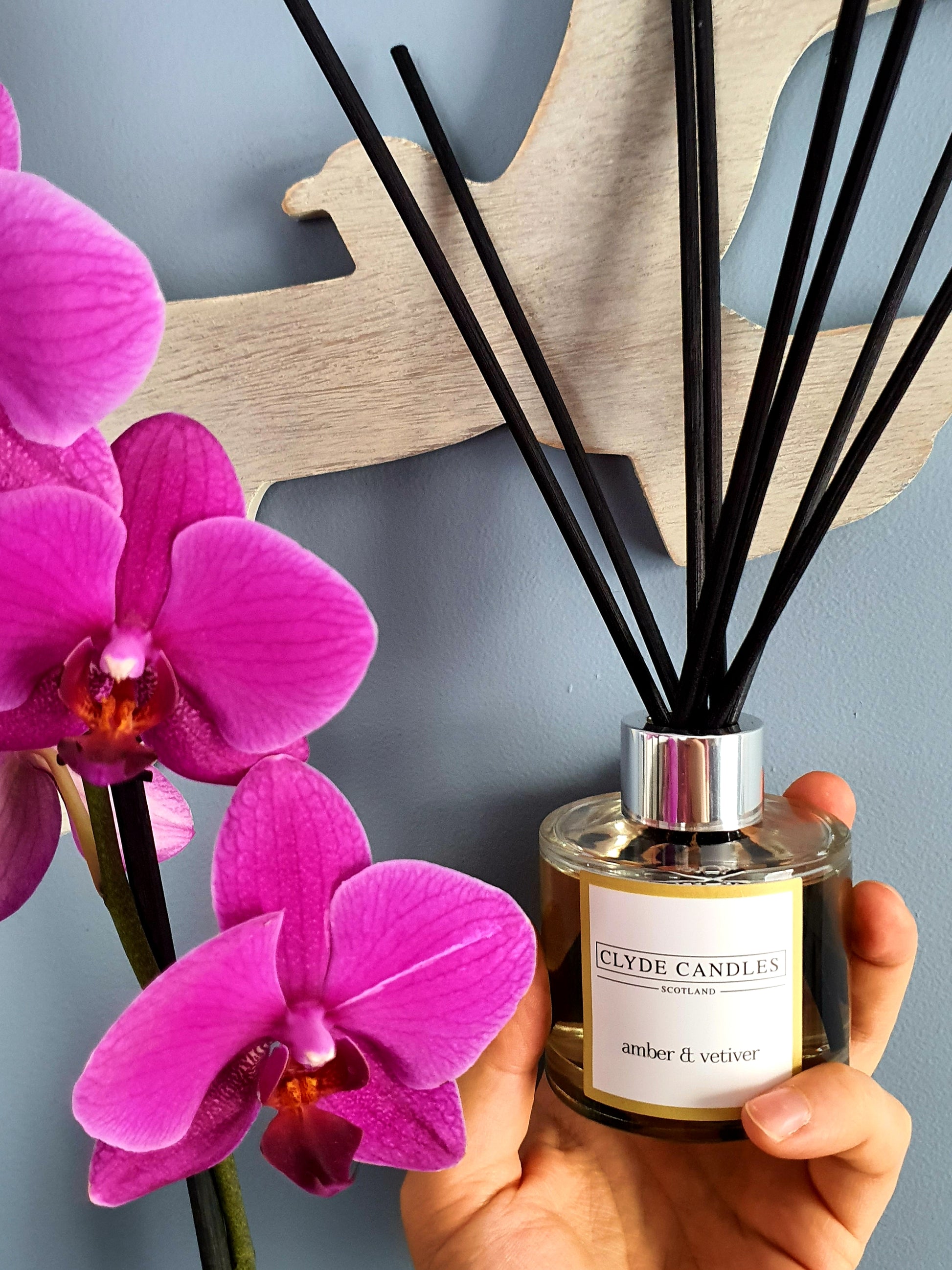 Amber & Vetiver Reed Diffuser - Clyde Candles, Luxury Diffuser Oil with a Set of 7 Fibre Sticks, 100ml, Best Aroma Scent for Home, Kitchen, Living Room, Bathroom. Fragrance Diffusers set with sticks