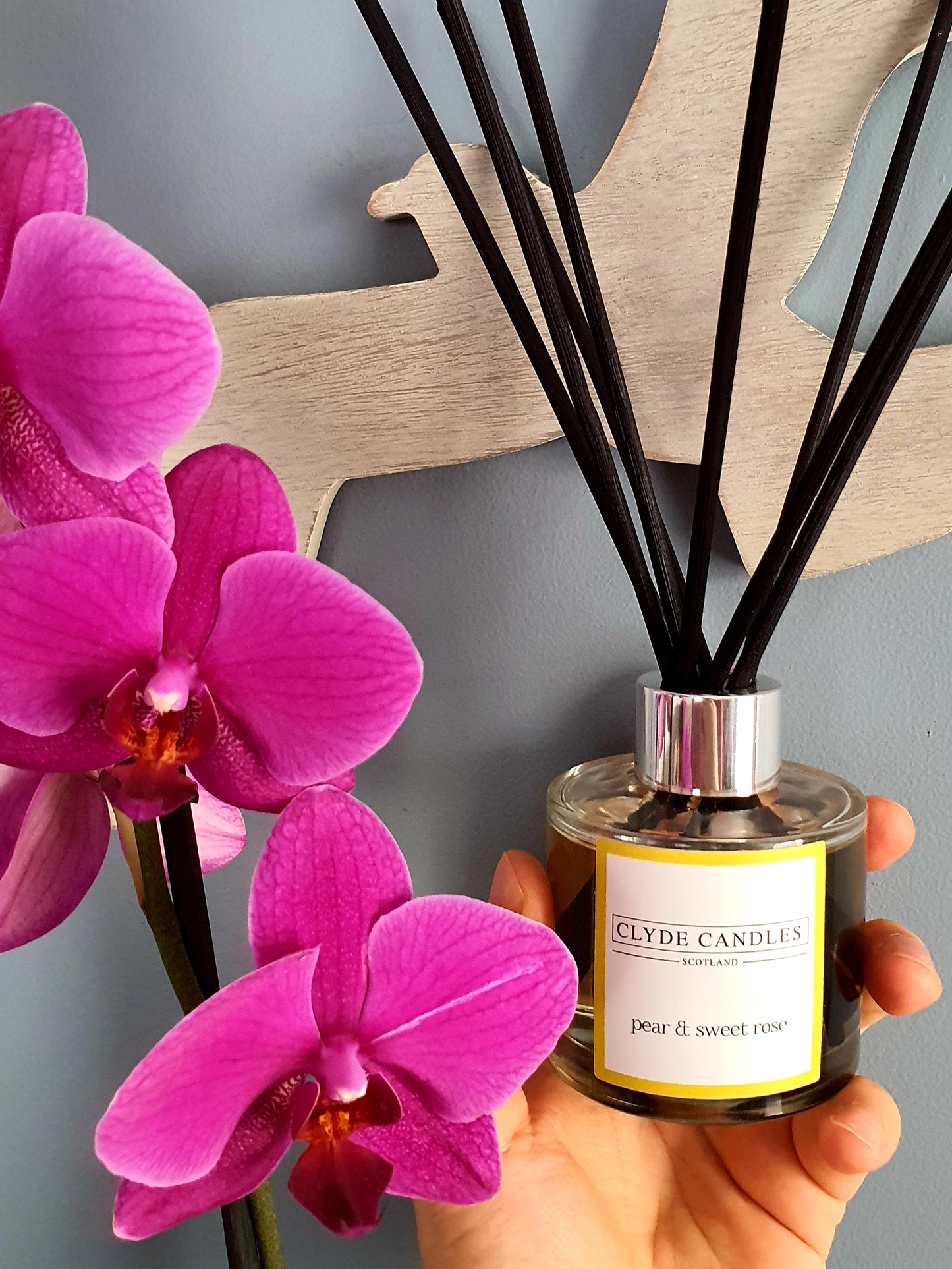 Pear And Sweet Rose Reed Diffuser - Clyde Candles, Luxury Diffuser Oil with a Set of 7 Fibre Sticks, 100ml, Best Aroma Scent for Home, Kitchen, Living Room, Bathroom. Fragrance Diffusers set with sticks