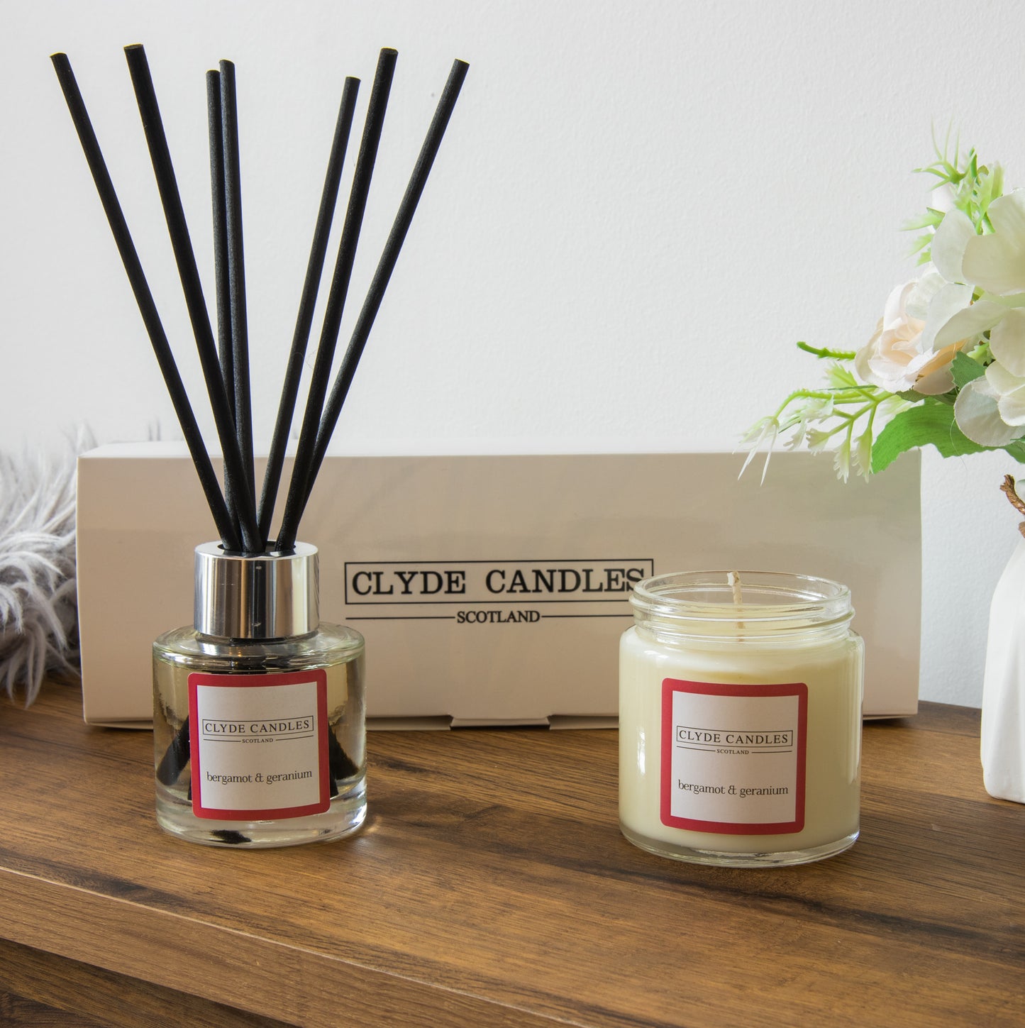 bergamot and geranium candle jar and small diffuser gift set , clyde candle scotland