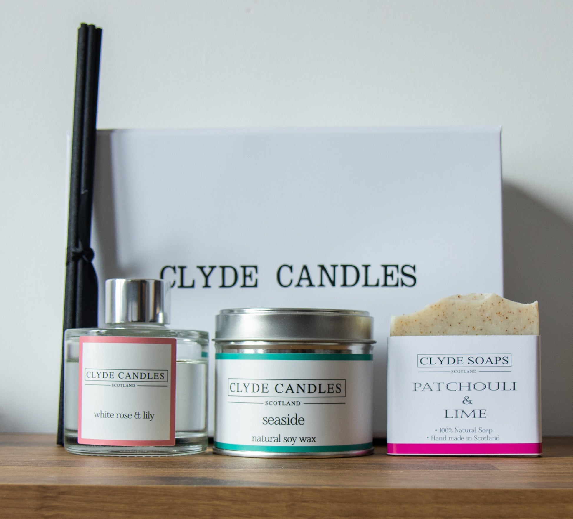 clyde candles Hamper Gift (Diffuser, Candle Tin, Natural Soap Bar) hand made in scotland , scottish gifts, british made
