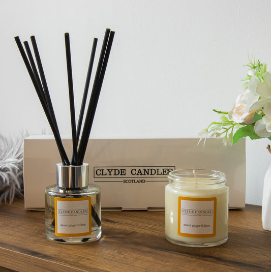 Sweet Ginger & Lime Diffuser & Candle Gift Box Set - Clyde Candles, 50ml Luxury Diffuser Oil with a Set of 7 Fibre Sticks & a Natural Soy Candle 120g Jar, Best Aroma Scent for Home, Kitchen, Living Room, Bathroom. Fragrance Diffusers set with sticks