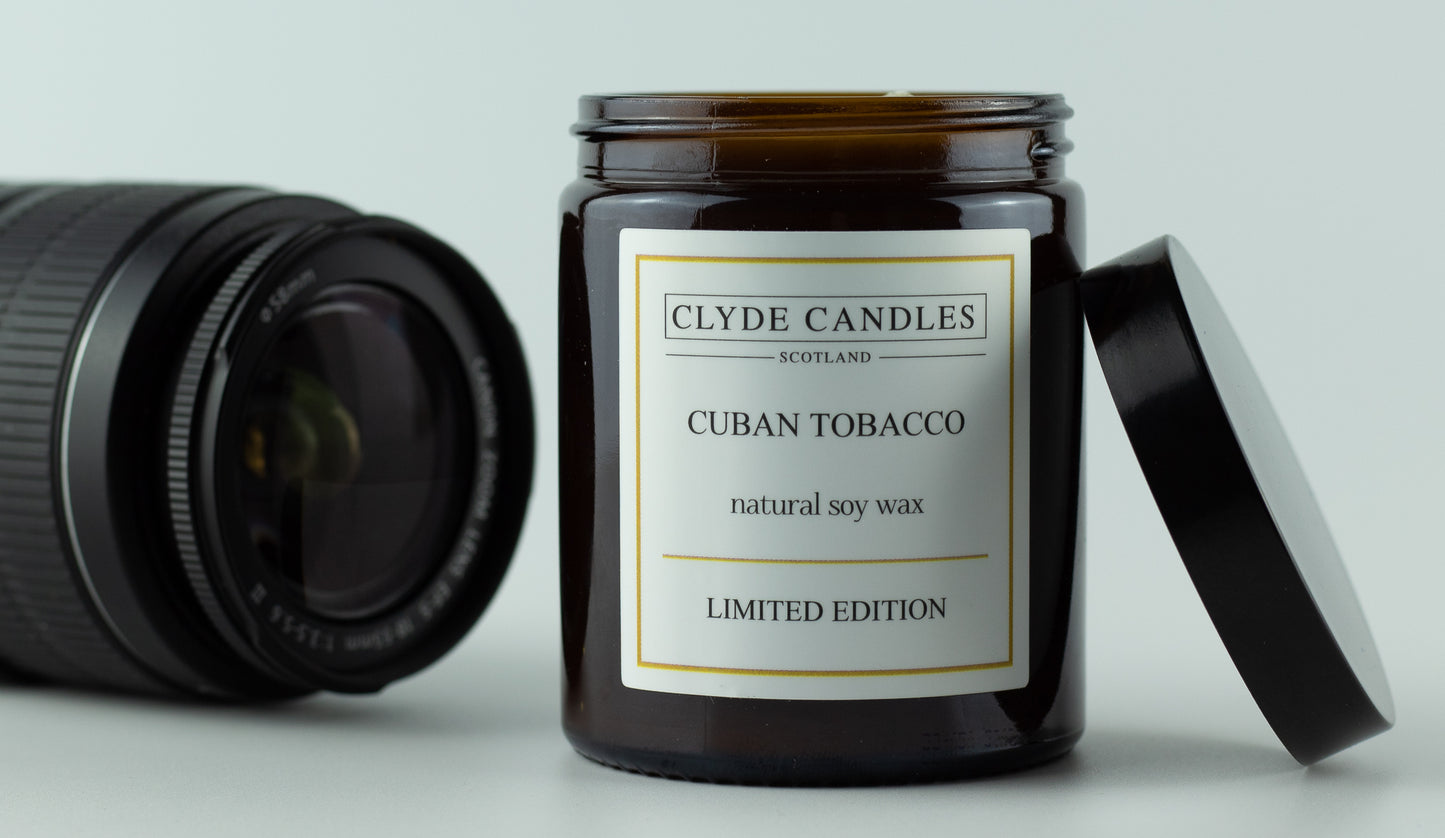 Cuban Tobacco Amber Glass, natural soy wax, clyde candles, hand made in scotland, scottish gifts, candle gifts, scented british candle gifts