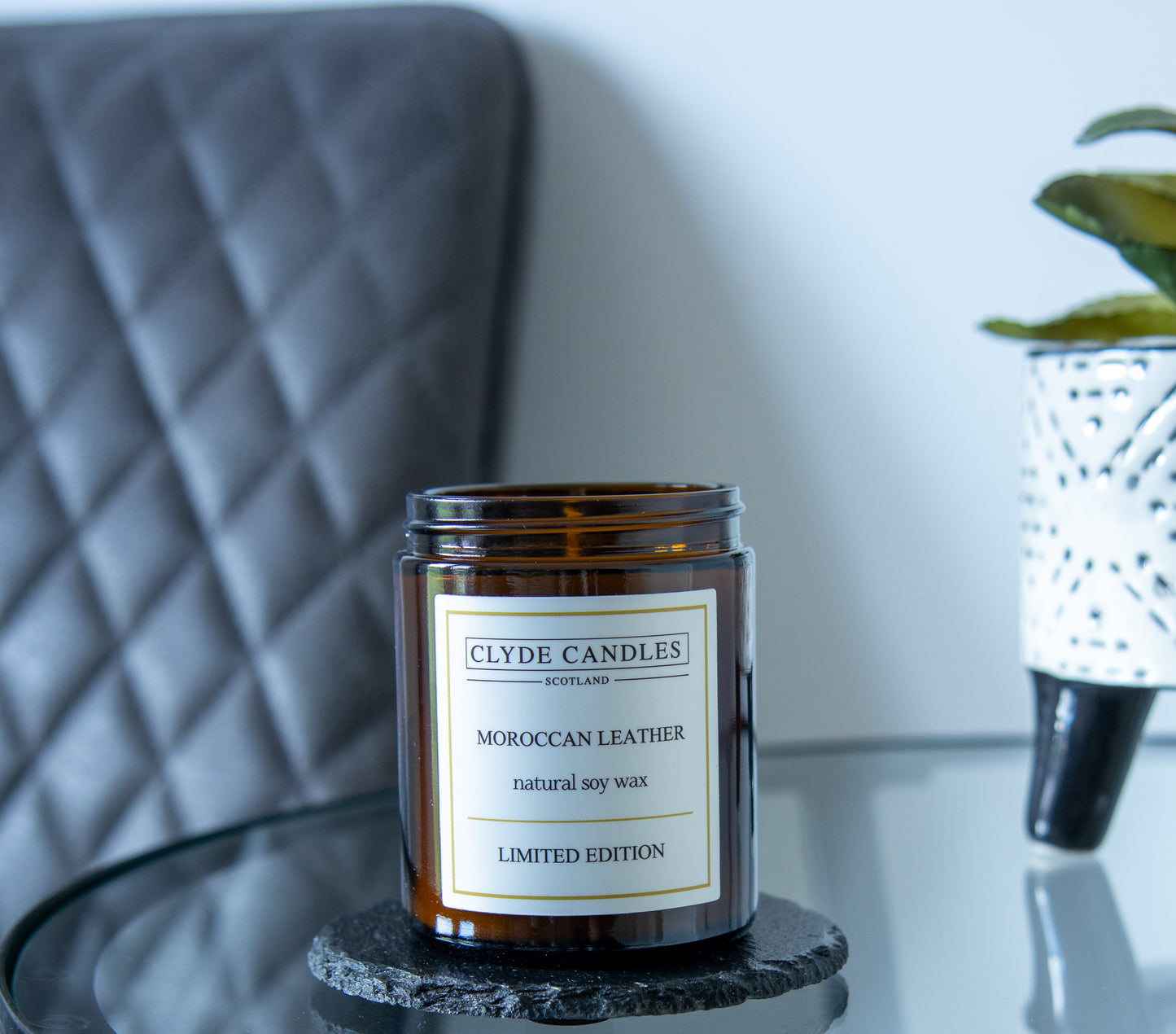 moroccan leather natural soy wax, clyde candles, hand made in scotland, scottish gifts, candle gifts, scented british candle gifts
