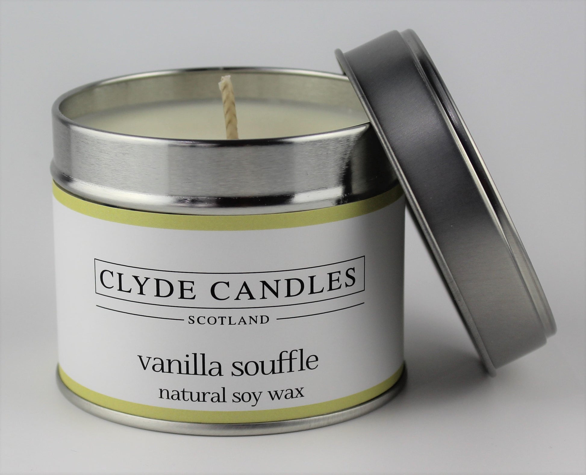Vanilla Souffle Scented Candle Tin, Natural Soy wax, Scottish Candles, Clyde Candles