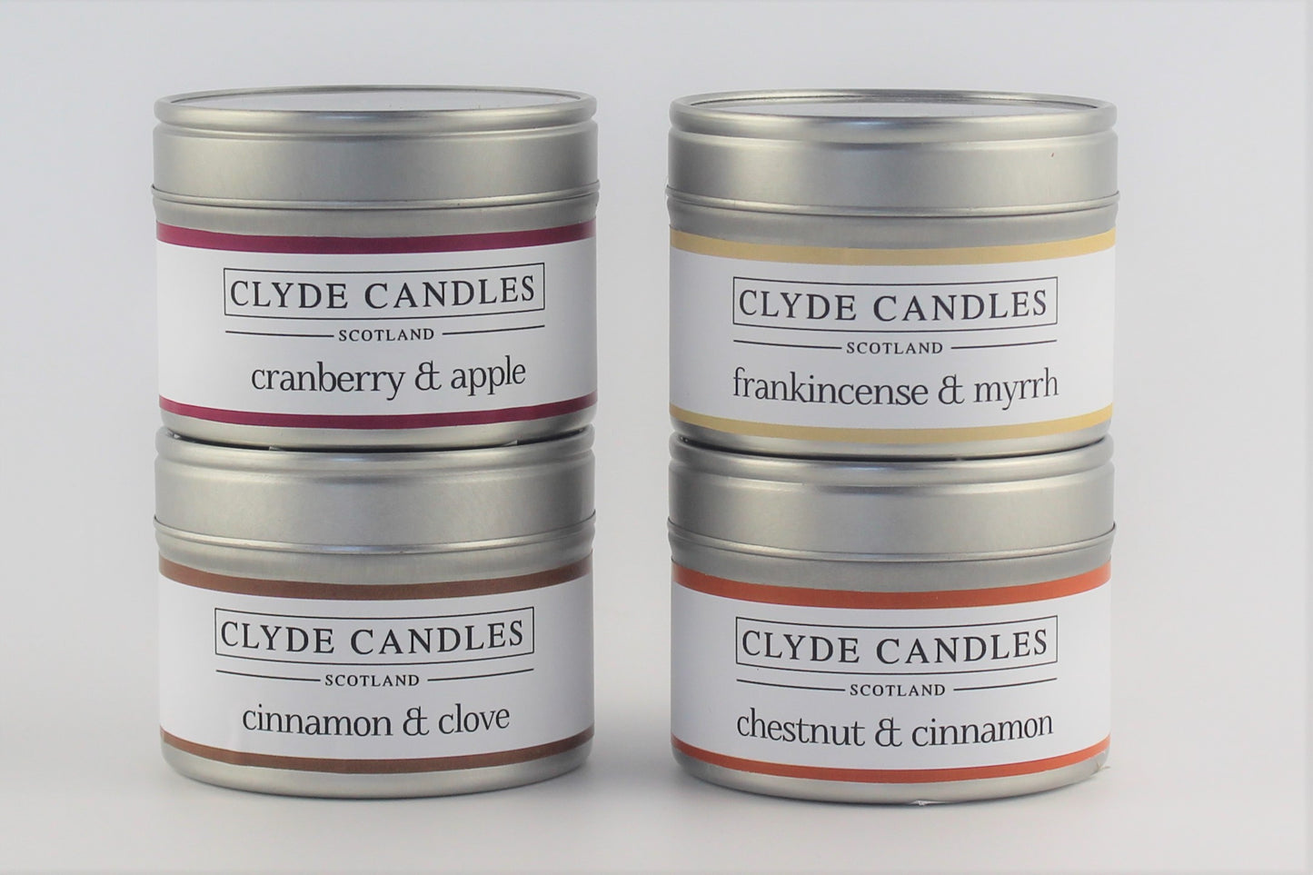 Clyde Candles 4 Small Natural Soy Candle Tins Gift Set - winter pack, scottish gifts