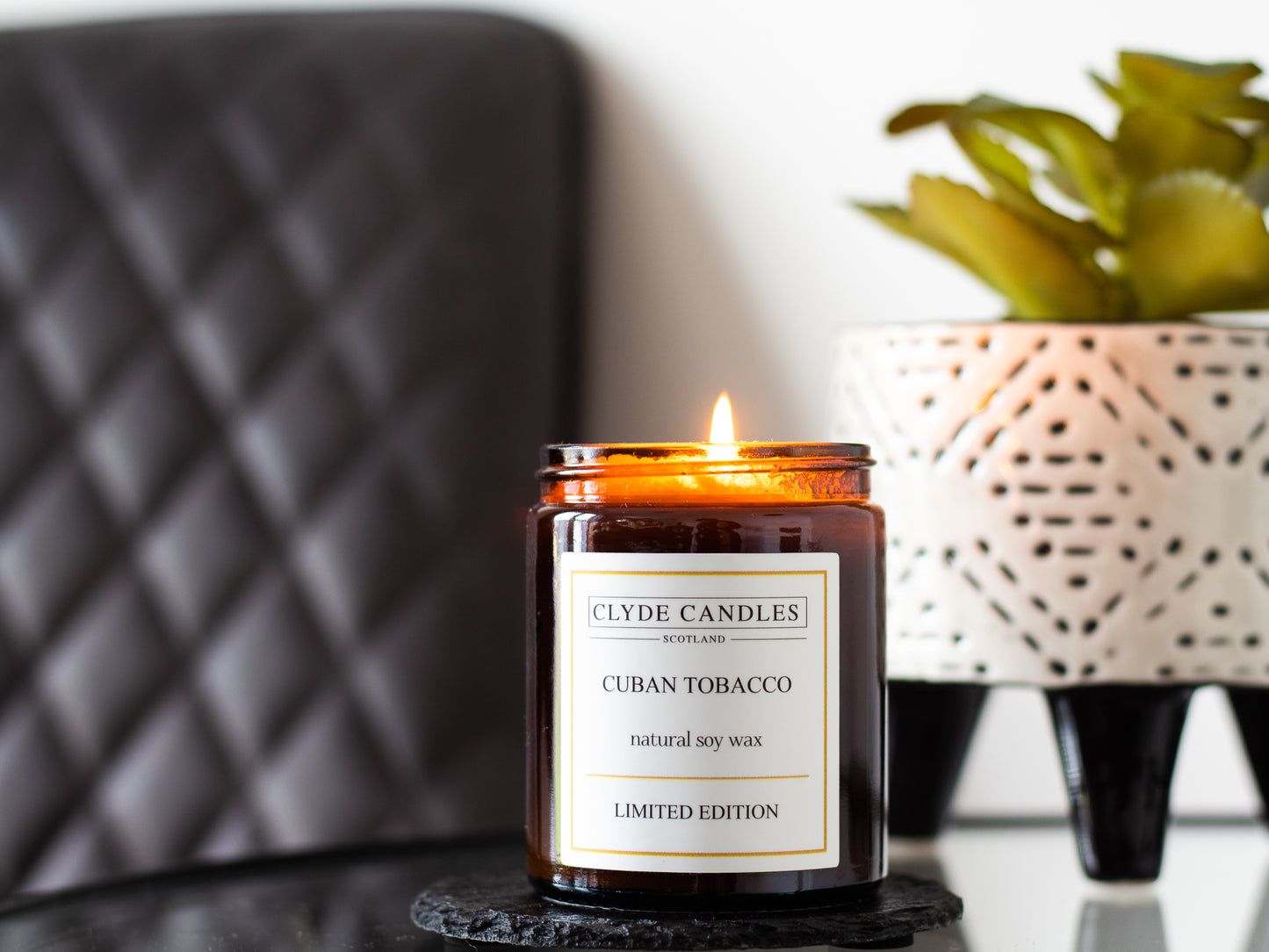 Cuban Tobacco Amber Glass, natural soy wax, clyde candles, hand made in scotland, scottish gifts, candle gifts, scented british candle gifts