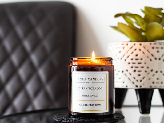 Cuban Tobacco Amber Glass, natural soy wax, clyde candles, hand made in scotland, scottish gifts, candle gifts, scented british candle gifts