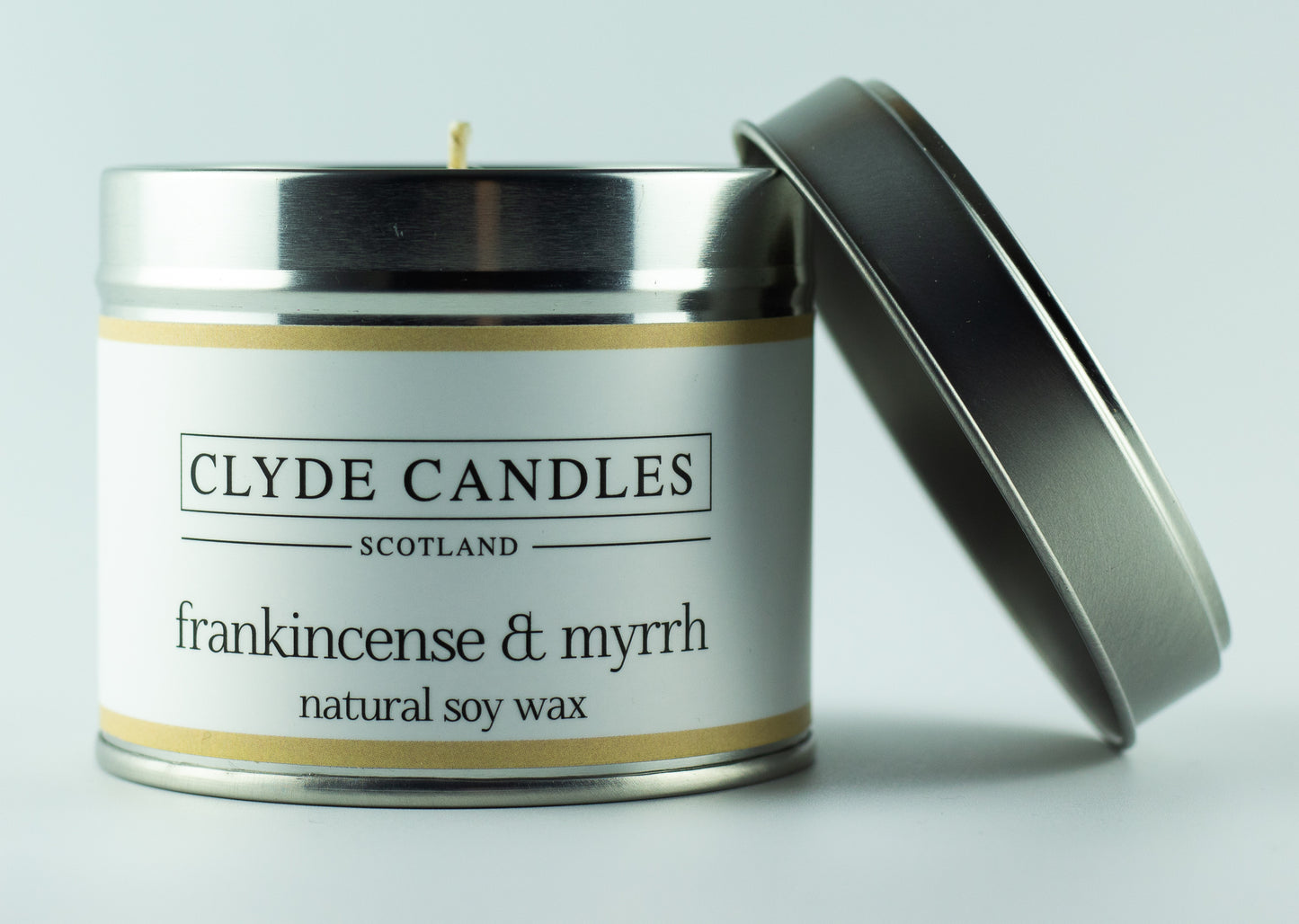 Frankincense & Myrrh Scented Candle Tin, Natural soy wax, Scottish luxury Gift Candles, Clyde Candles