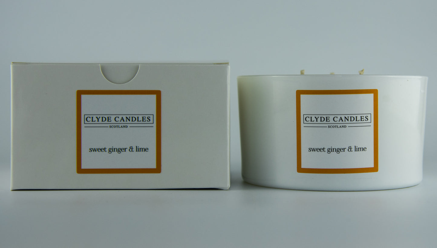 Sweet Ginger & Lime Scented Candle Gift Box Three Wicks, Natural Soy wax, Scottish Candles, Clyde Candles, Lemongrass soy candle, Fresh candle, 