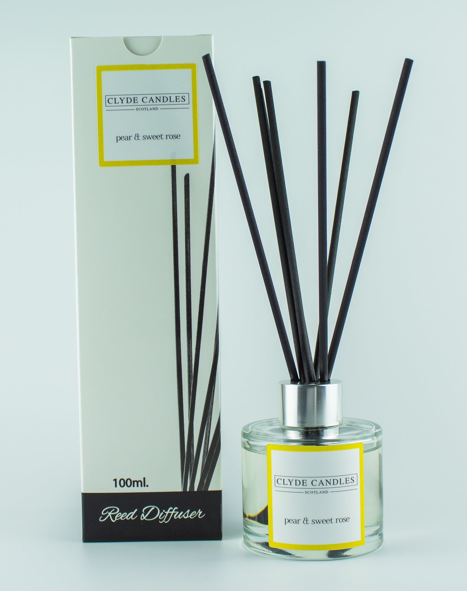 Pear And Sweet Rose Reed Diffuser - Clyde Candles, Luxury Diffuser Oil with a Set of 7 Fibre Sticks, 100ml, Best Aroma Scent for Home, Kitchen, Living Room, Bathroom. Fragrance Diffusers set with sticks