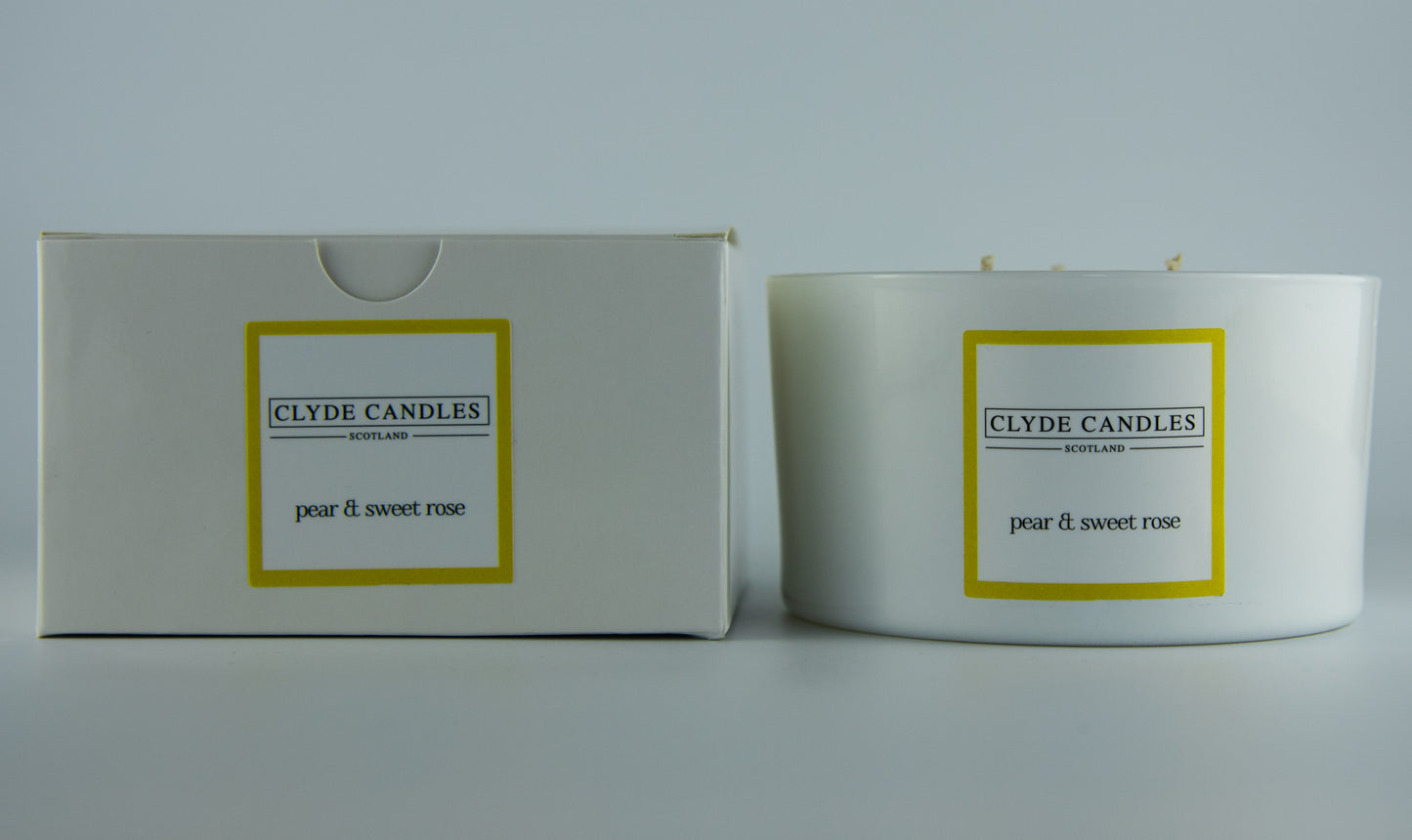 Clyde candles pear and sweet rose , three wicks large glass gift box hand made soy candle made in scotland