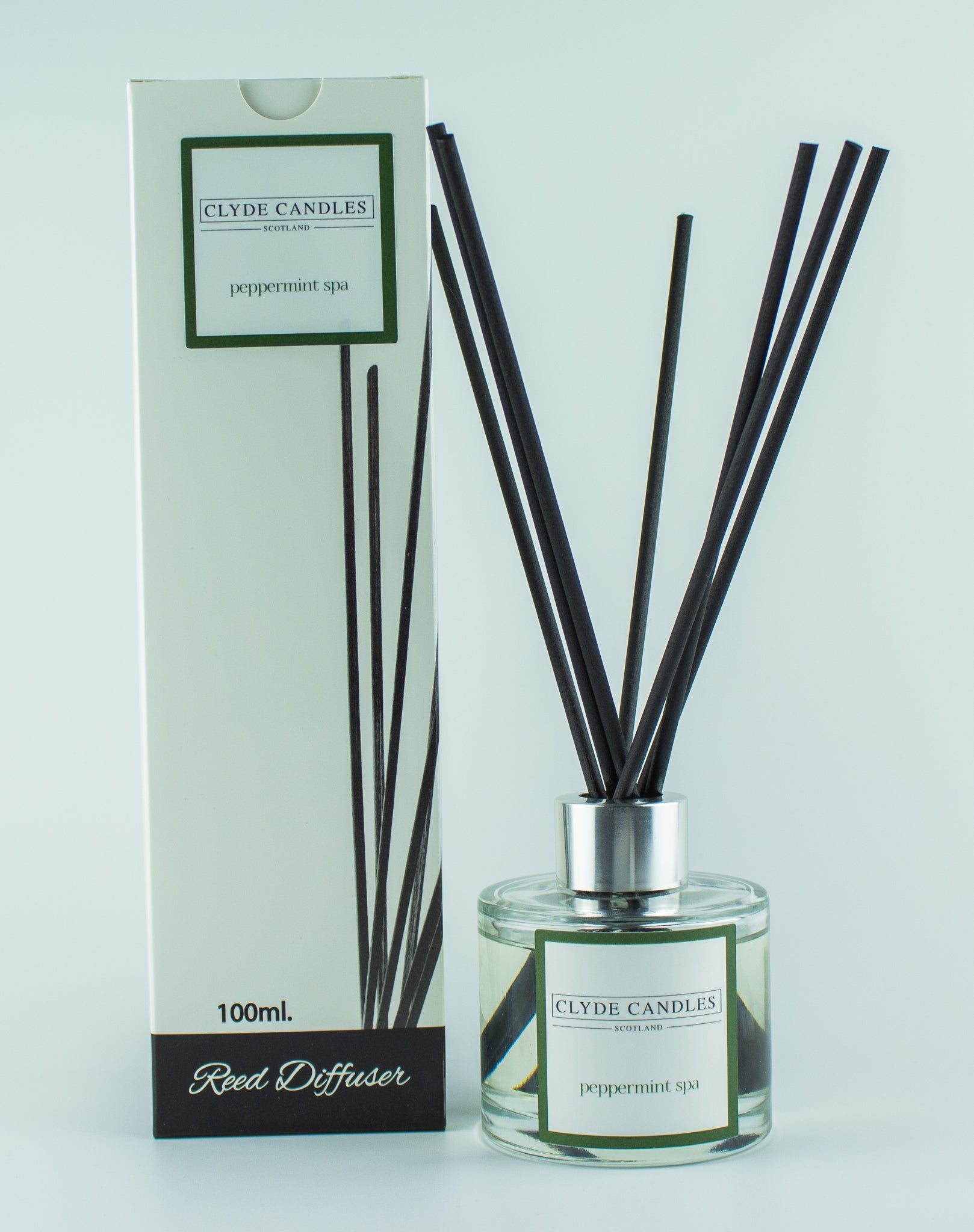 Peppermint Spa Reed Diffuser - Clyde Candles, Luxury Diffuser Oil with a Set of 7 Fibre Sticks, 100ml, Best Aroma Scent for Home, Kitchen, Living Room, Bathroom. Fragrance Diffusers set with sticks