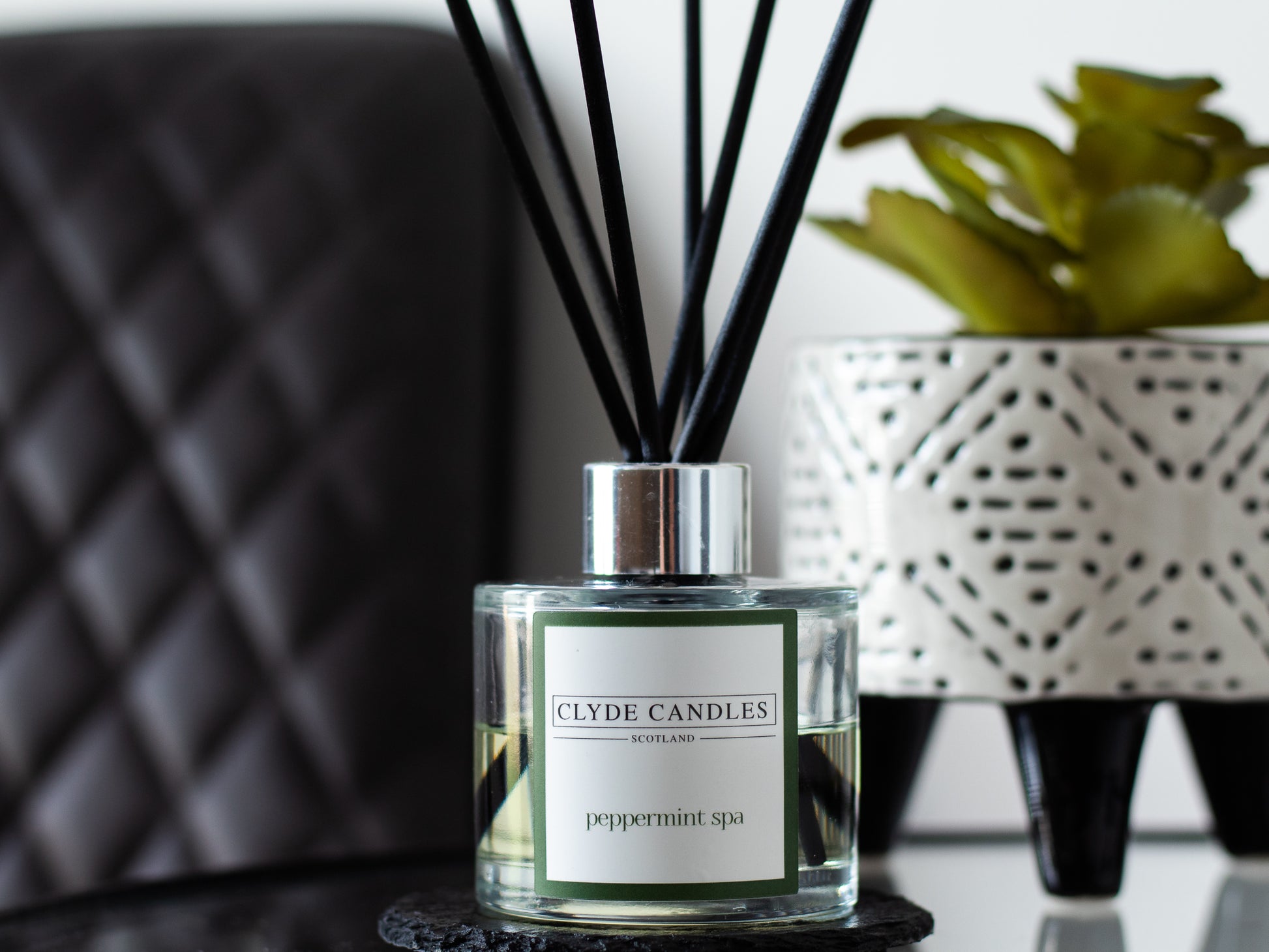 Peppermint Spa Reed Diffuser - Clyde Candles, Luxury Diffuser Oil with a Set of 7 Fibre Sticks, 100ml, Best Aroma Scent for Home, Kitchen, Living Room, Bathroom. Fragrance Diffusers set with sticks